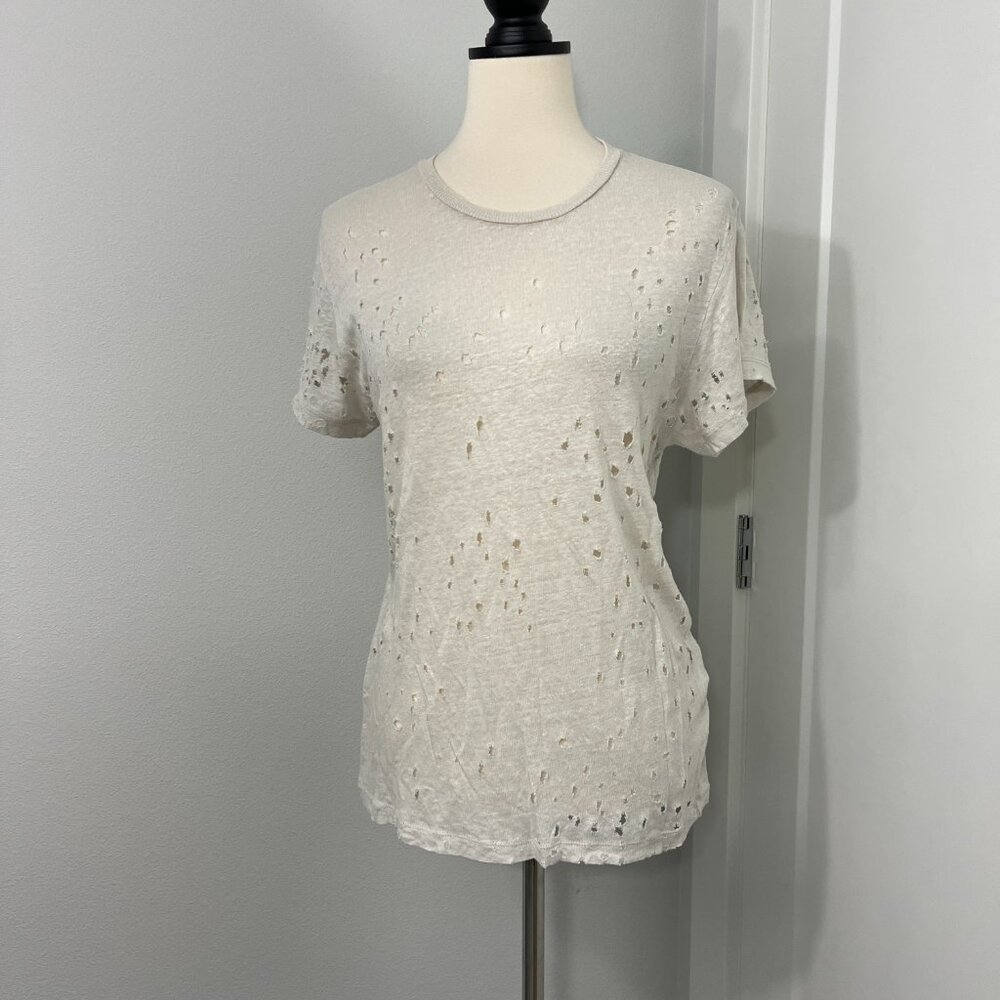IRO XS Cream White Sija Distressed Linen Short Sleeve T-Shirt Top - Picture 2 of 13